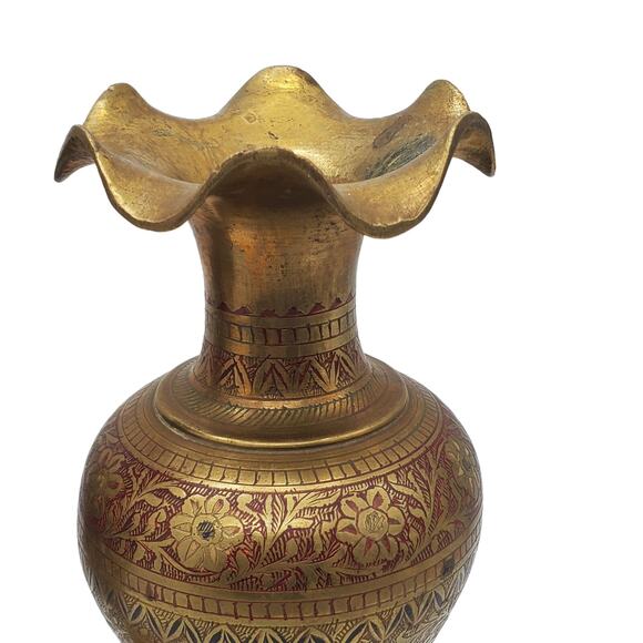 Solid Brass Etched Vase Enamel Red Black Floral Vintage MCM Ruffled Rustic Decor - Picture 6 of 11